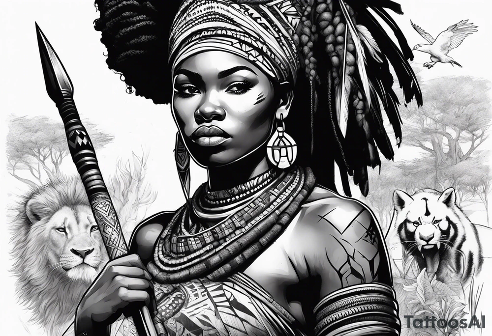 African woman warrior with tribe scars and spear in hand with animals in background tattoo idea