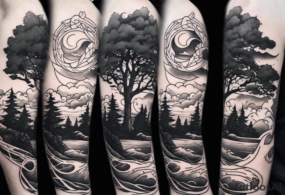 Half sleeve forearm tattoo. Representing the hero’s journey. Haku the dragon, a tree, clouds, a broken sword, the sun and moon tattoo idea