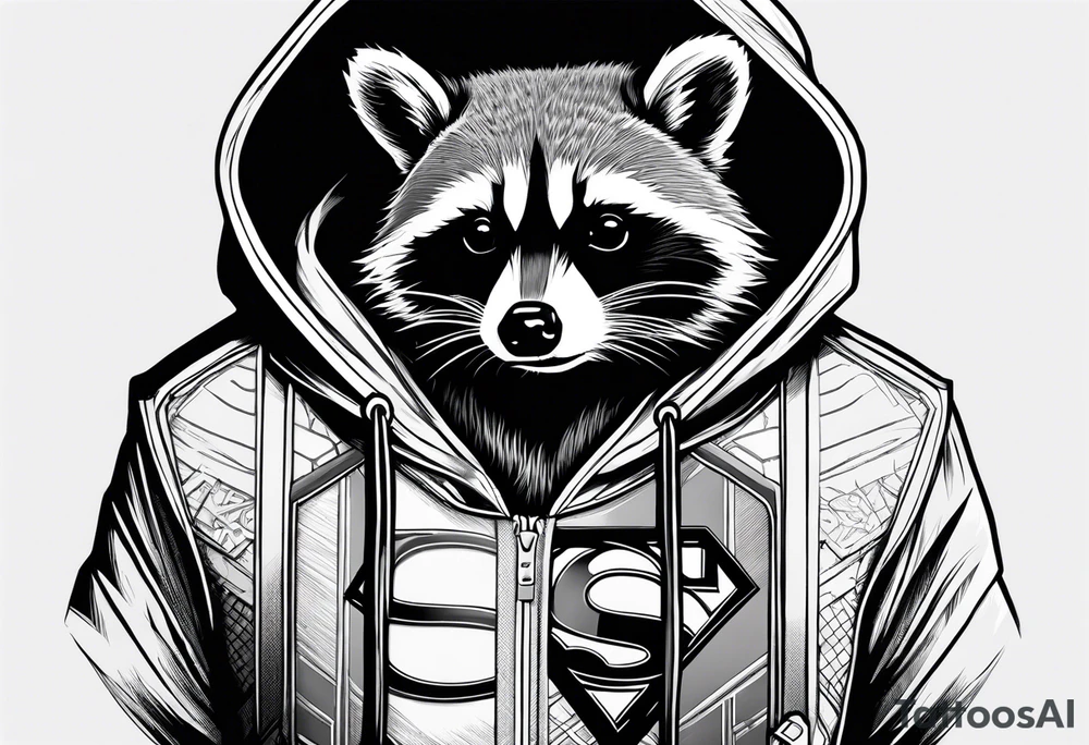 raccoon wearing a Superman hoodie tattoo idea