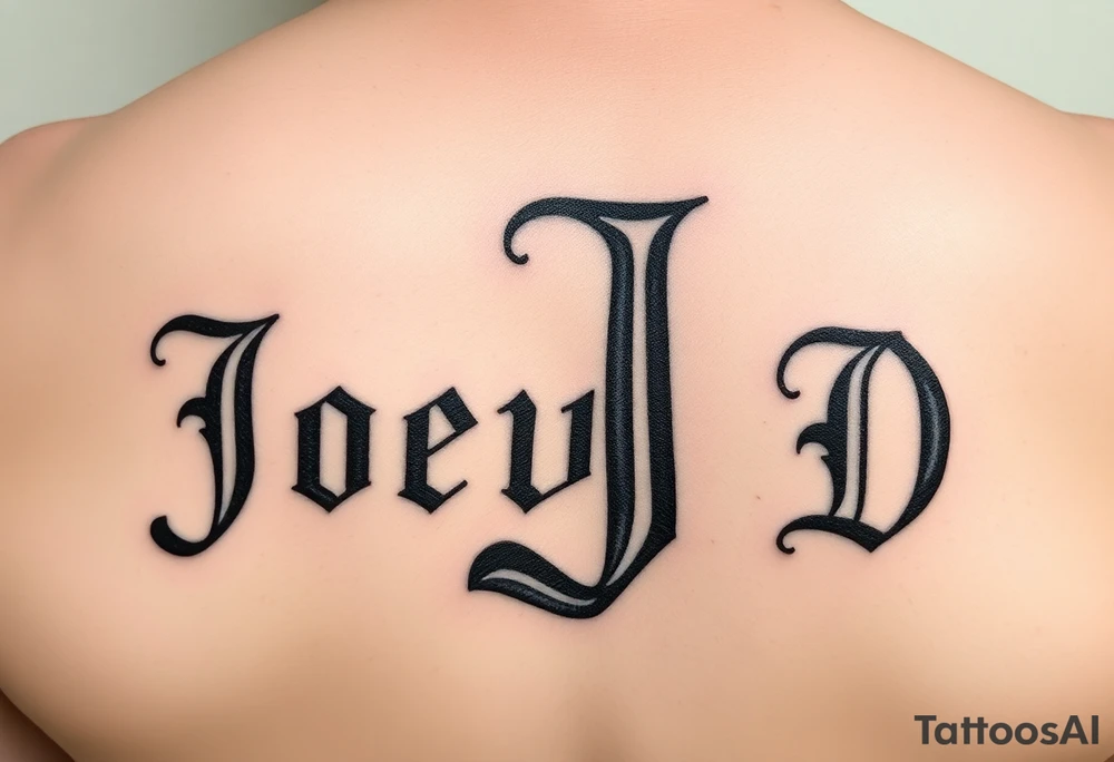 The words Joey D written with a large scale Roman style letter J tattoo idea