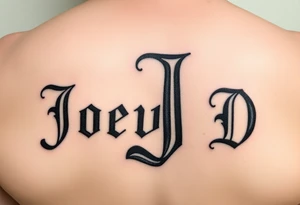 The words Joey D written with a large scale Roman style letter J tattoo idea