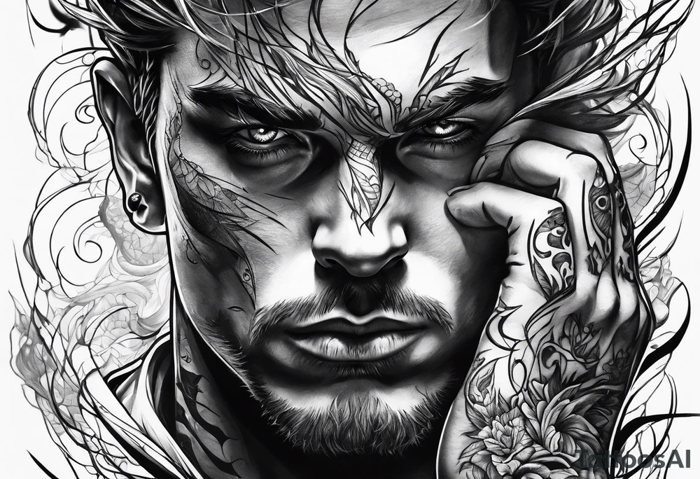 darkness man sittinng messy line tattoo idea