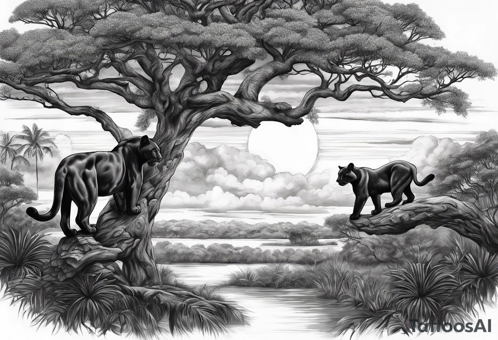 Panthers on a single African tree with the sunsetting behind it with clouds that help tie into a tattoo on the other side of my arm tattoo idea