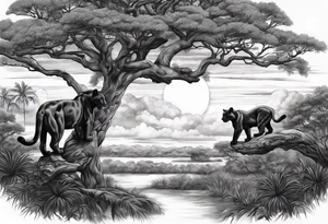 Panthers on a single African tree with the sunsetting behind it with clouds that help tie into a tattoo on the other side of my arm tattoo idea