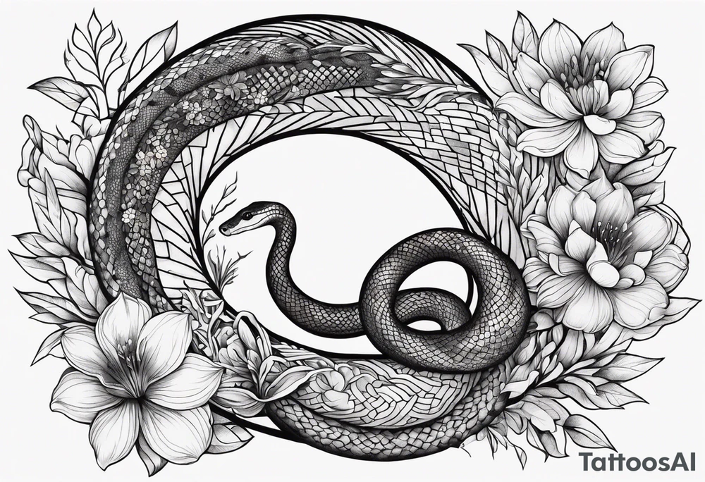 middle of the chest, naturalistic, floral maybe or snake minimalist complex tattoo maybe animals included around 15 cm wide tattoo idea