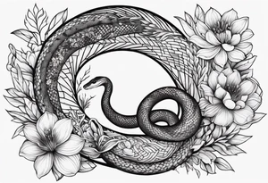 middle of the chest, naturalistic, floral maybe or snake minimalist complex tattoo maybe animals included around 15 cm wide tattoo idea