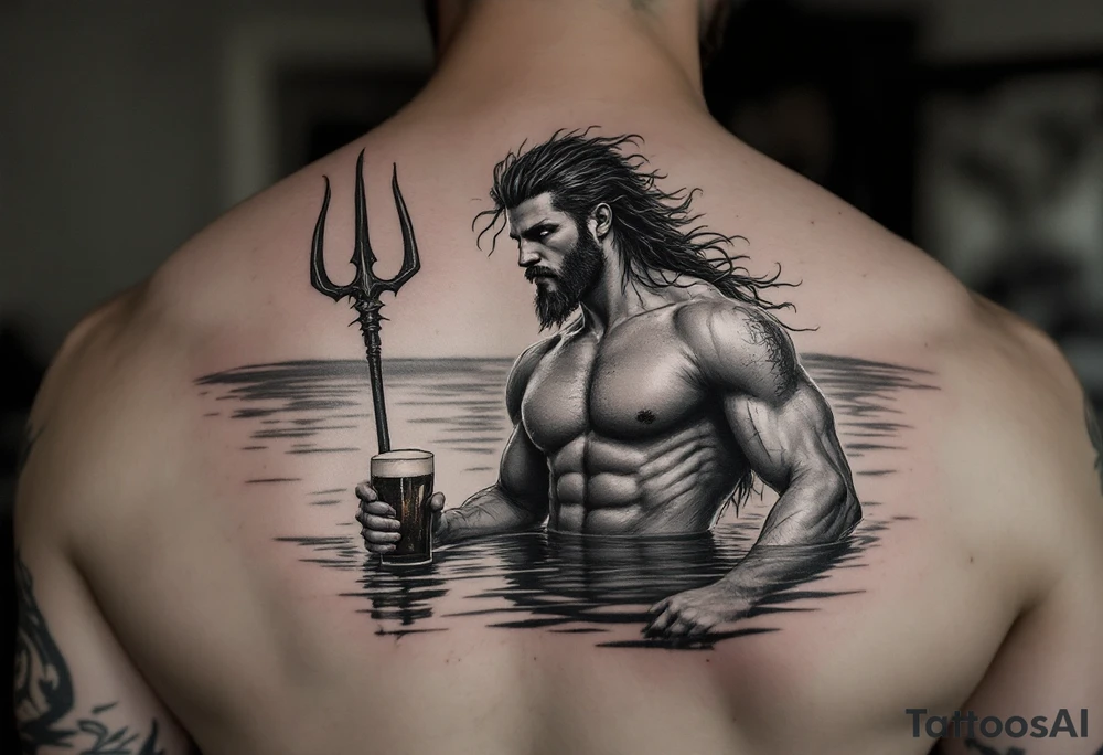 young, fit poseidon in calm water, holding a trident, holding a beer, looking in your eyes tattoo idea