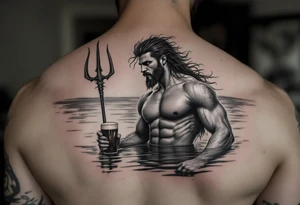 young, fit poseidon in calm water, holding a trident, holding a beer, looking in your eyes tattoo idea