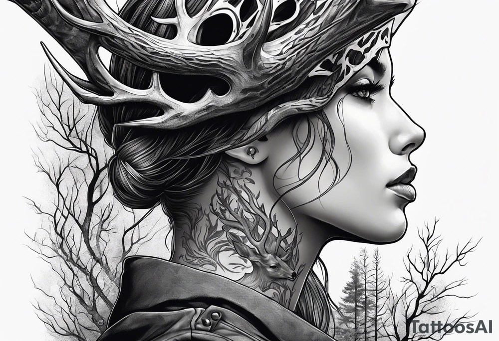 A side profile of a human with a deer skull head, fire and trees tattoo idea