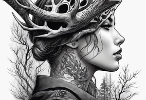 A side profile of a human with a deer skull head, fire and trees tattoo idea
