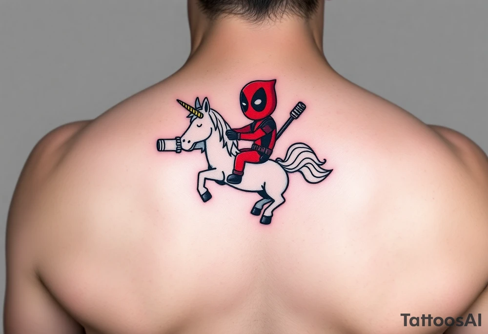 Deadpool riding cartoon unicorn holding rocket propelled grenade launcher tattoo idea
