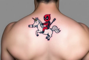 Deadpool riding cartoon unicorn holding rocket propelled grenade launcher tattoo idea