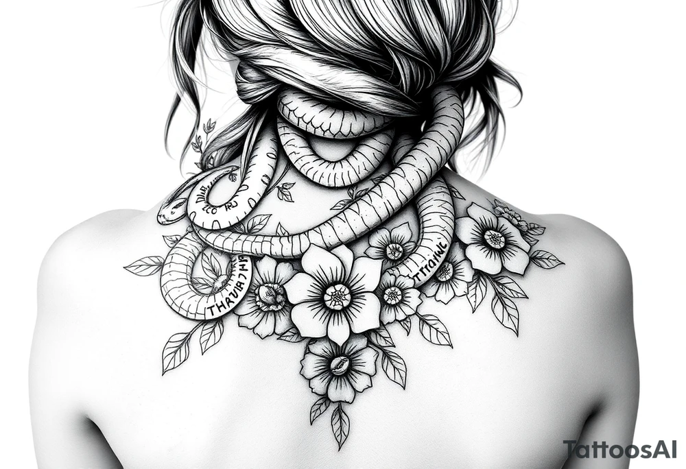 Gangster medusa snakes coming out of hair with flowers and quotes tattoo idea