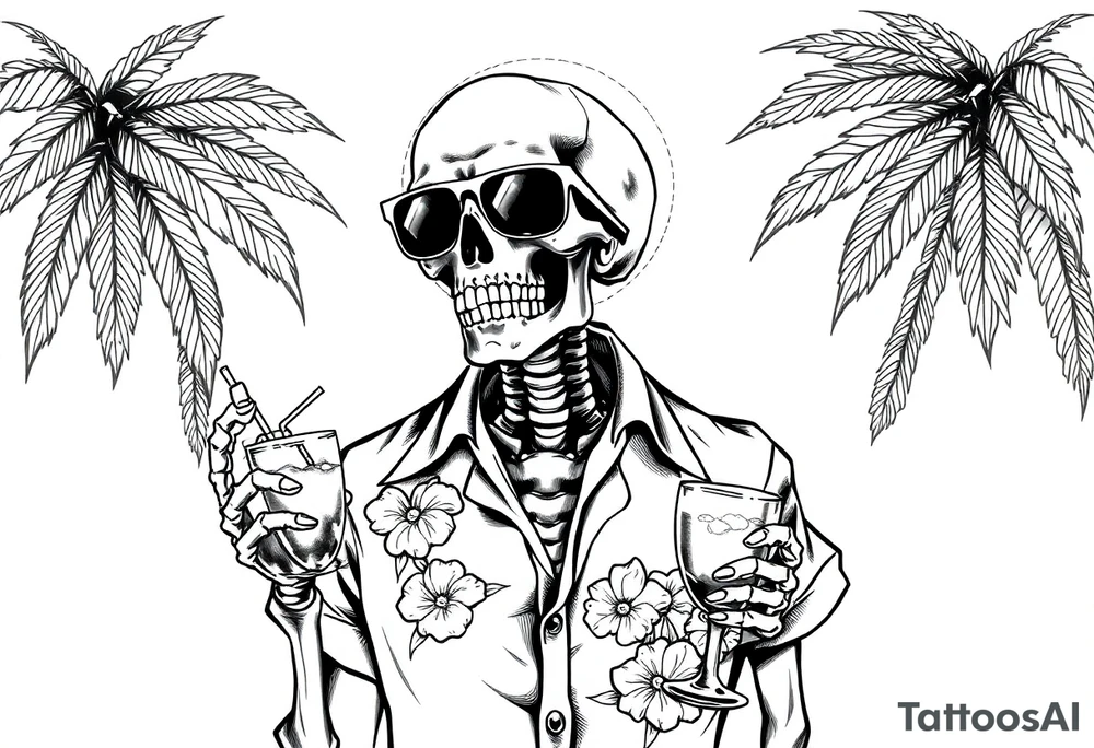 a skeleton in hawaiian shirt, palms, a cocktail,sun,sun-glasses. tattoo idea