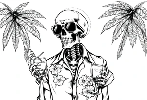 a skeleton in hawaiian shirt, palms, a cocktail,sun,sun-glasses. tattoo idea
