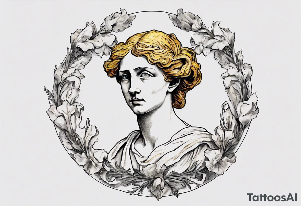 Create a colorful Vincent van Gogh Irises tattoo with an ancient Greek female statue in the middle in white marble. The tattoo should take the form of a crescent, with vines gracefully intertwining at a central point in the middle of the wreath.  The intended placement is on the upper chest. The overall design should be small in size while maintaining a delicate and artistic aesthetic. Pay attention to the graceful flow of the vines and the placement of the irises to achieve a refined and elegant look. tattoo idea