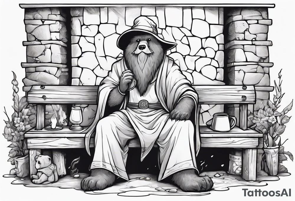 a medieval bear-human hybrid with a long grey beard wearing a tunic and a floppy hat sitting on a bench by a fireplace drinking from a wood cup tattoo idea