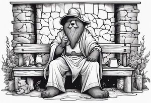 a medieval bear-human hybrid with a long grey beard wearing a tunic and a floppy hat sitting on a bench by a fireplace drinking from a wood cup tattoo idea