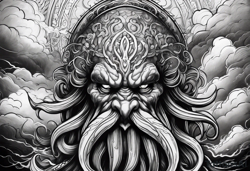 Cthulhu face surrounded by storm clouds with white lightning, tentacles and clouds wrapping around forearm tattoo idea