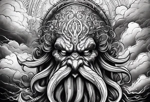 Cthulhu face surrounded by storm clouds with white lightning, tentacles and clouds wrapping around forearm tattoo idea