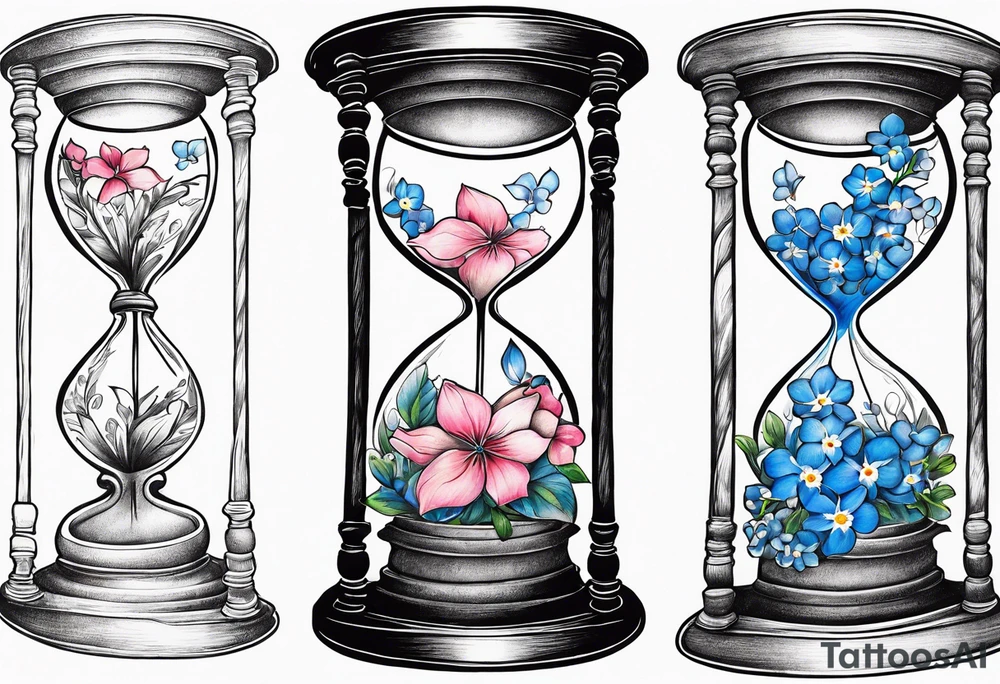 Hour glass, with falling forget me not petals tattoo idea