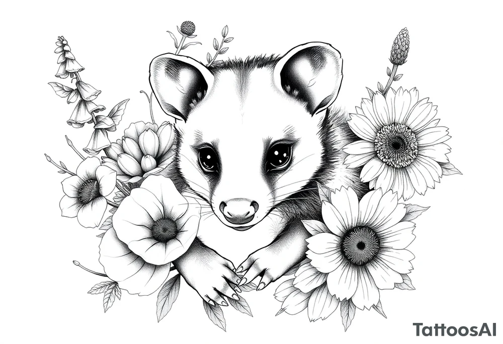 Sweet opossum with doe eyes surrounded by hellebores, lantana, foxglove and sunflowers with shading tattoo idea