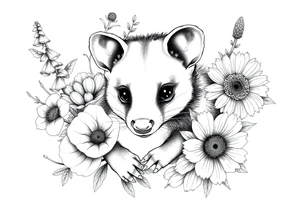 Sweet opossum with doe eyes surrounded by hellebores, lantana, foxglove and sunflowers with shading tattoo idea
