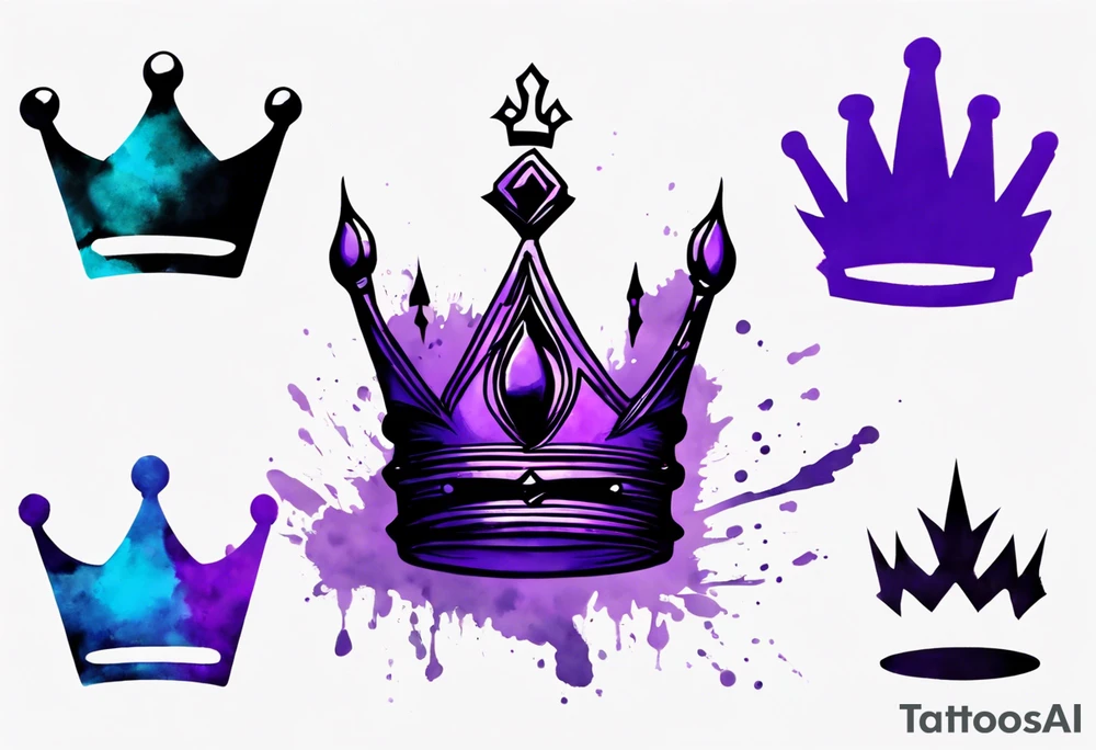 A tattoo of a minimalistic black crown and some negative space on a water color background of purple and blue. tattoo idea