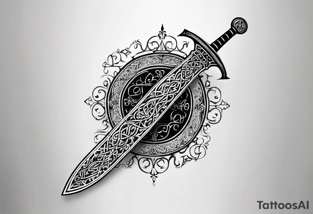 words in arabic calligraph in shape sword tattoo idea