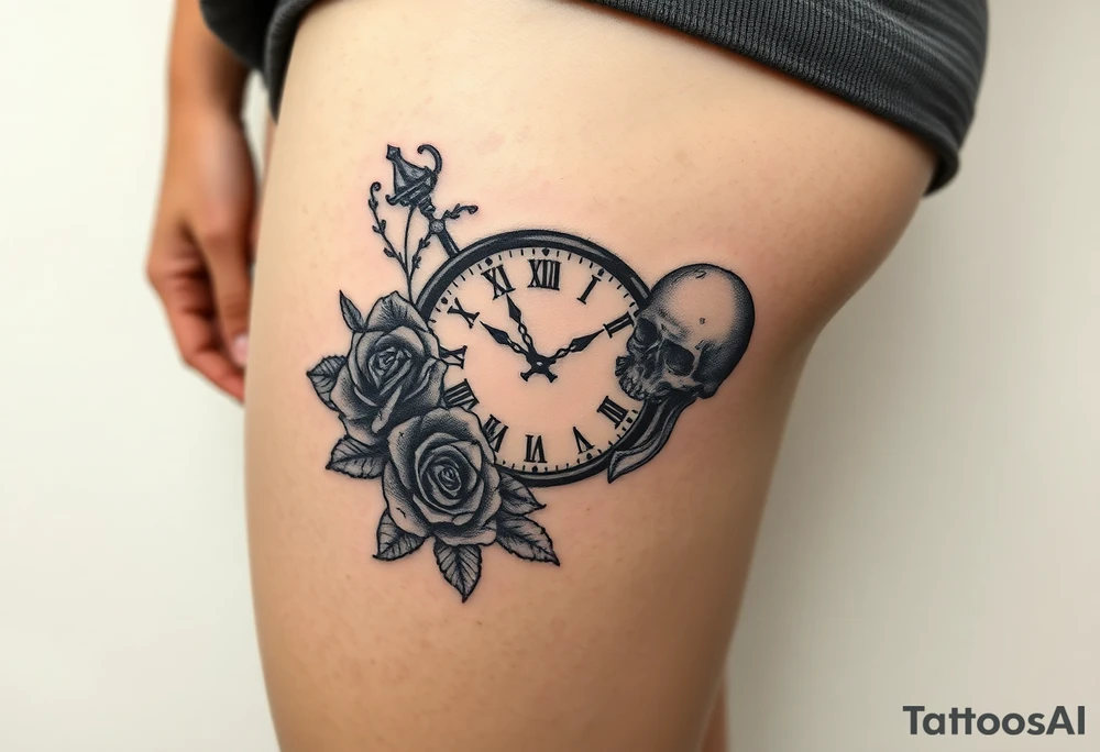 Broken Clock face 11:43 as set time. With roses and skull looking to the clock feminine tattoo idea