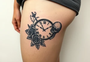 Broken Clock face 11:43 as set time. With roses and skull looking to the clock feminine tattoo idea