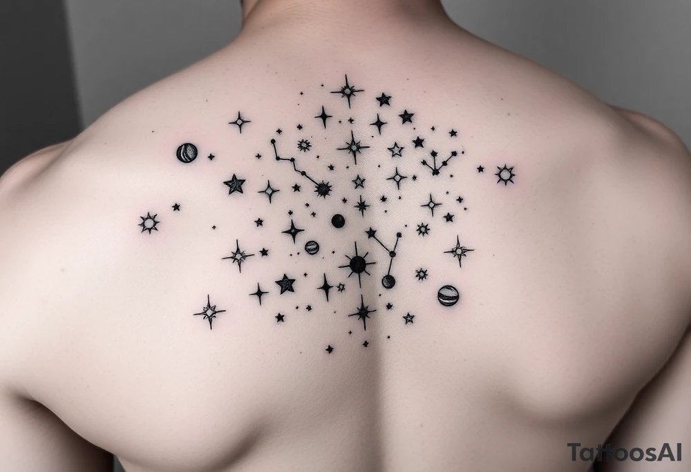 Give me a nighttime constellation tattoo with 10 different variances of stars of 40 stars, and additional cosmo items e.g. planets, etc. tattoo idea