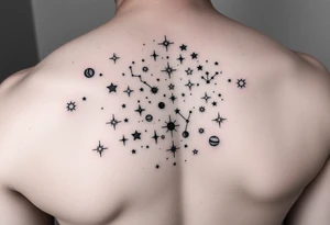 Give me a nighttime constellation tattoo with 10 different variances of stars of 40 stars, and additional cosmo items e.g. planets, etc. tattoo idea