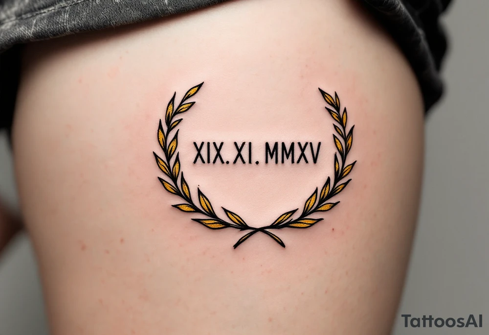 XIX.XI.MMXV in classic black on the upper thigh, encased in a gold laurel wreath symbolizing victory. tattoo idea