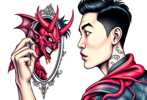 Handsome Asian young guy is looking in cursed mirror and see devil tattoo idea