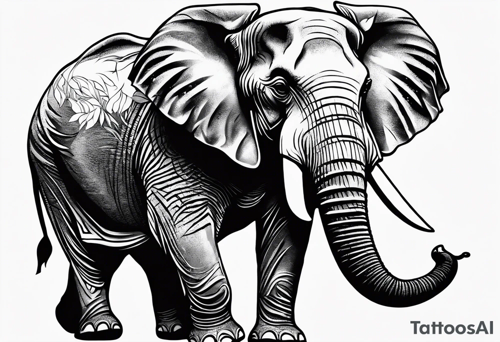 “A majestic elephant with its trunk raised, surrounded by tropical foliage, symbolizing memory and strength tattoo idea