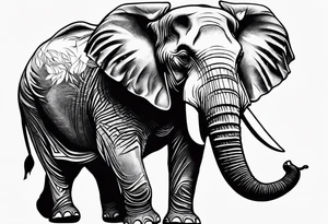 “A majestic elephant with its trunk raised, surrounded by tropical foliage, symbolizing memory and strength tattoo idea