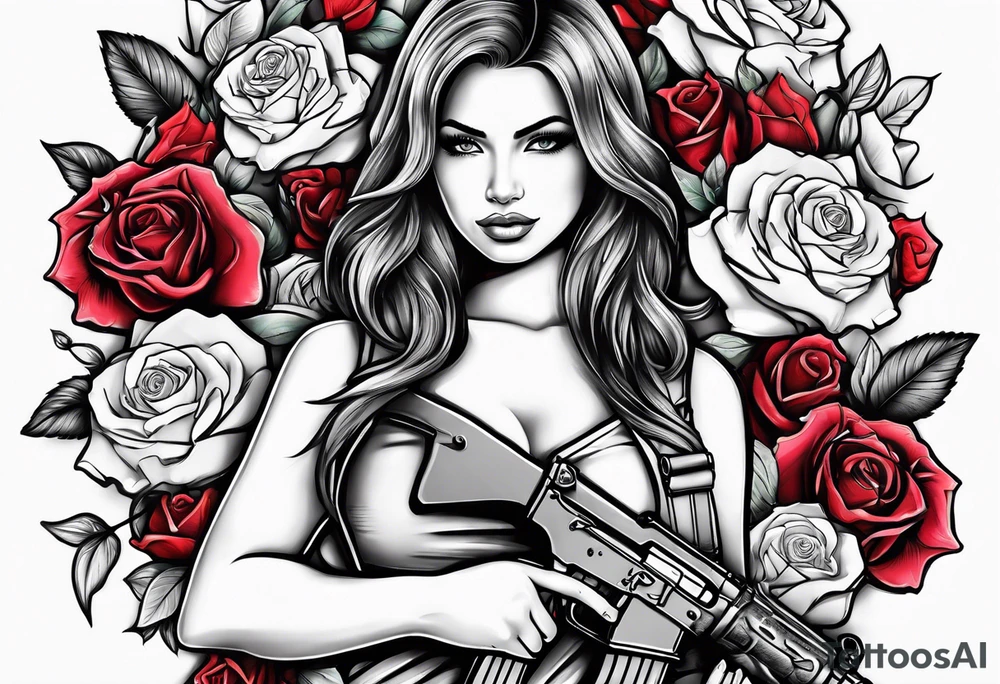 Beautiful woman angle holding a AK 47 surrounded by roses tattoo idea