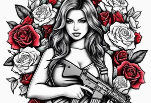 Beautiful woman angle holding a AK 47 surrounded by roses tattoo idea