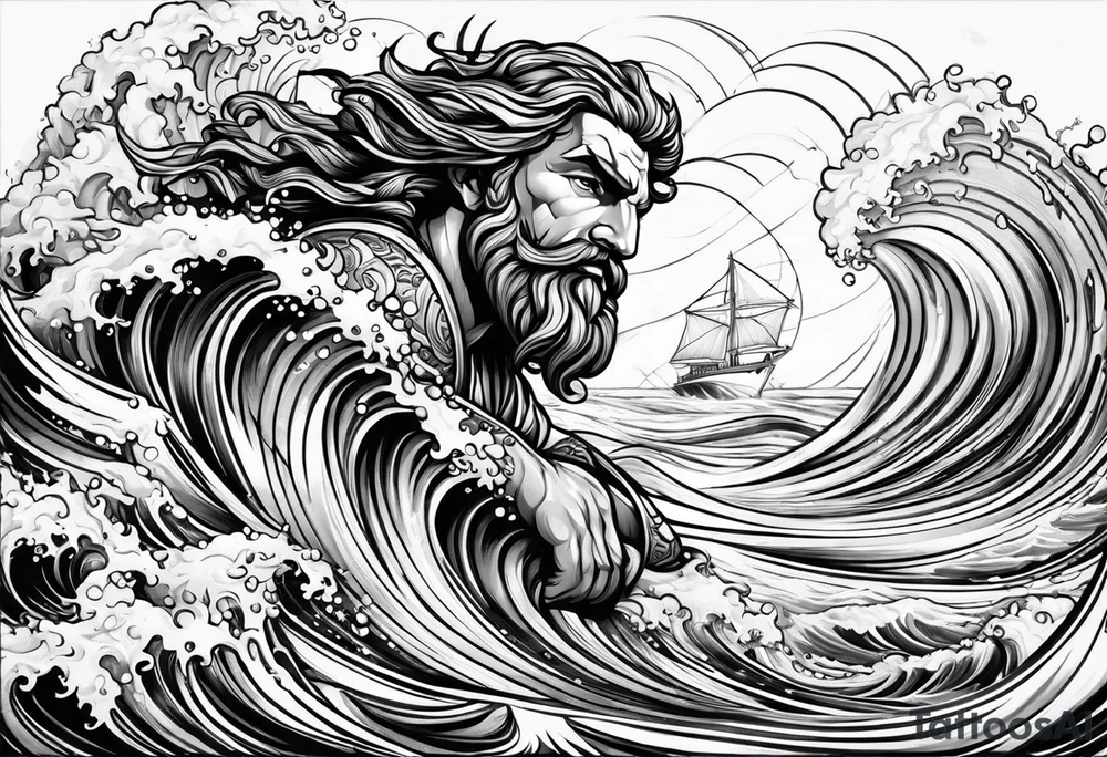 Poseidon im Vordergrund mit Windsurfer und Wellen im Hintergrund tattoo idea