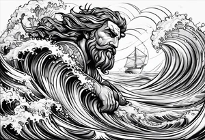 Poseidon im Vordergrund mit Windsurfer und Wellen im Hintergrund tattoo idea
