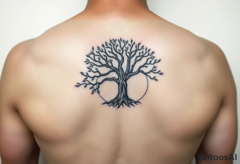 tree of life with circle. names Jai , Phoebe, Imogen, Matilda in the circle tattoo idea
