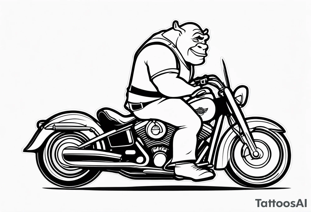 Shrek wearing leather riding a Harley Davidson tattoo idea