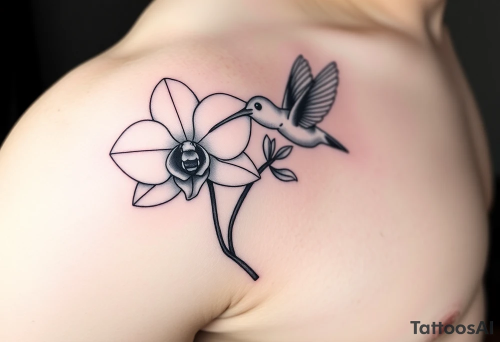 A delicate, black and white fine-line tattoo for male, featuring gracefully detailed 2 orchids in full bloom including their stems, with soft, intricate petals and elegant curves. Beside it, a hummingbird hovers mid-flight, its wings drawn with subtle motion lines, its slender beak reaching toward the orchid’s center to drink its nectar. on the other flower there is a bee that is resting tattoo idea
