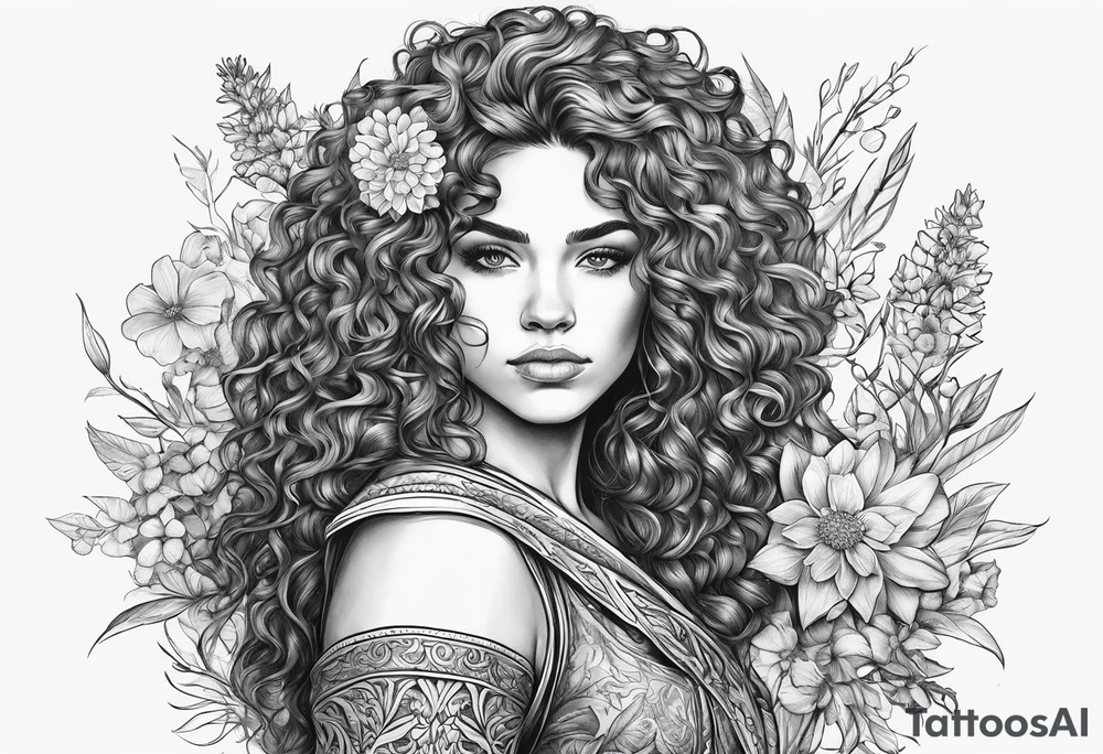 Spanish woman viking curly hair half with sword sleeve arm wildflowers tattoo idea