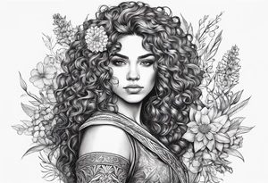 Spanish woman viking curly hair half with sword sleeve arm wildflowers tattoo idea