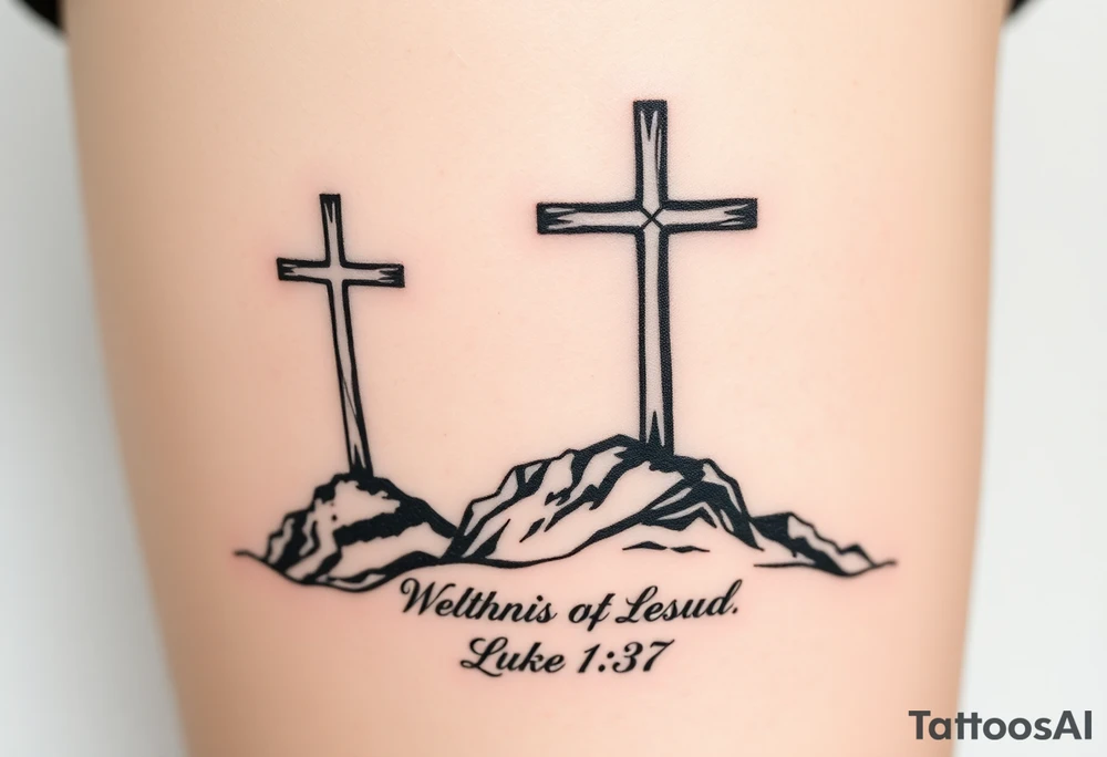 Three catholic crosses on Mountain. With verse Luke 1:37 below it. Put a lot of detail. More detail tattoo idea