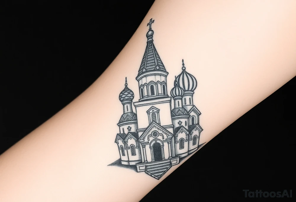 in a dorsal view a detailed orthodox church with onion domes and a band at the front with mist shrouding the top and fading into a virgin mary overlooking above at the top tattoo idea