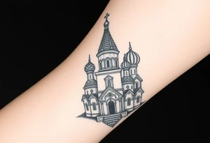 in a dorsal view a detailed orthodox church with onion domes and a band at the front with mist shrouding the top and fading into a virgin mary overlooking above at the top tattoo idea