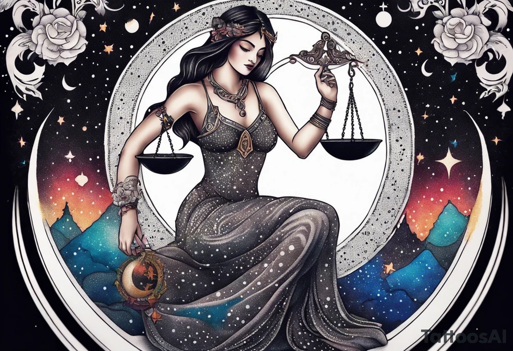 Libra woman holding scales with a night zodiac background including a half moon that encircles half of the woman with vibrant colors tattoo idea